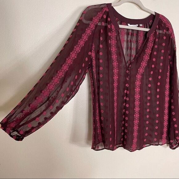 ASO TVD ZOA Maroon 100% Silk Sheer Long Sleeve Blouse Top - Picture 6 of 10